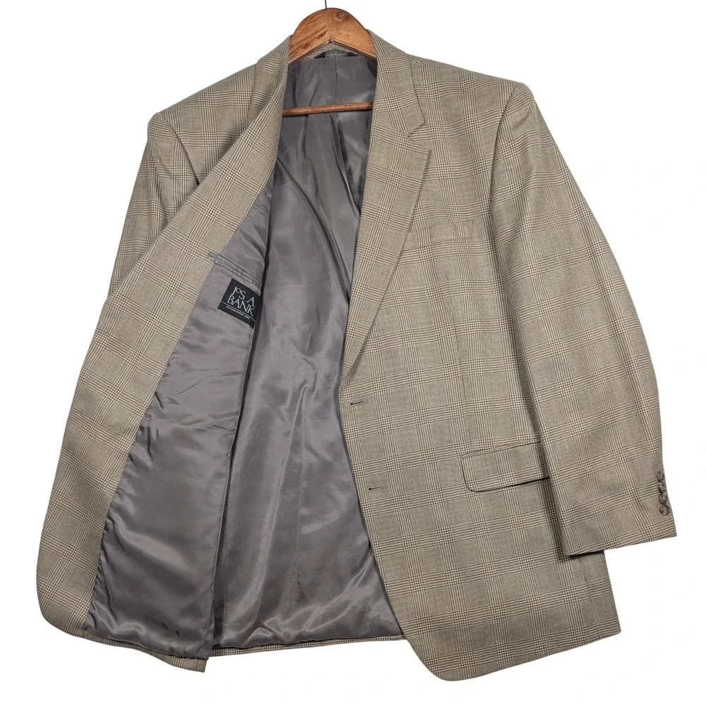 Jos A Bank Sport Coat Mens 46L Tan Glen Plaid Check Wool Silk Blazer Jacket‎